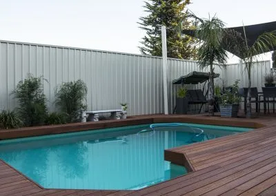 Close-up of Kapur decking boards around the pool, Grange